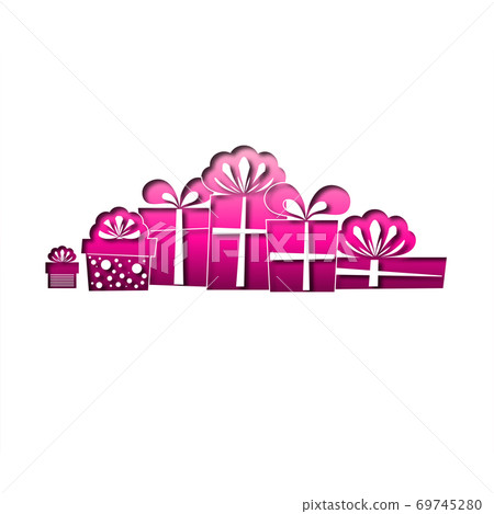 Gifts in paper cut style. Design for decoration in pink. Vector Gifts in paper cut style. Design for decoration in pink. Vector 69745280