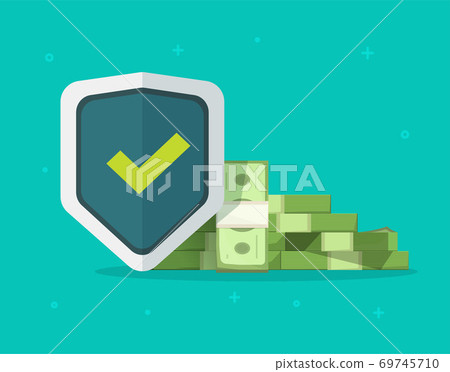Financial insurance trust guarantees money protection, cash investment secure safety care warranty shield vector flat cartoon illustration on color background 69745710