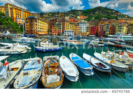 Mediterranean harbor with luxury yachts, Camogli resort, Liguria, Italy, Europe  69745786