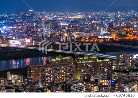 《Osaka Prefecture》 Osaka city night view / residential area and Yodogawa 《Osaka Prefecture》 Osaka city night view / residential area and Yodogawa 69746636