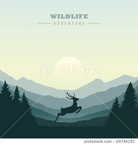 jumping deer in the wilderness green mountain landscape 69748285