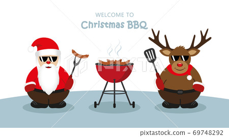 cute santa claus and deer with sunglasses at christmas bbq cute santa claus and deer with sunglasses at christmas bbq 69748292