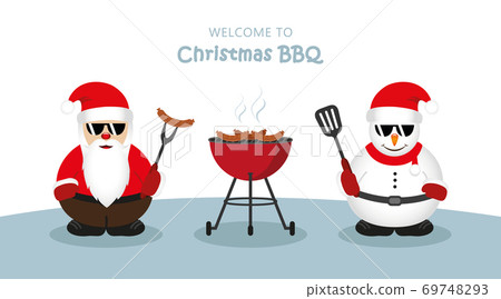 cute santa claus and snowman with sunglasses at christmas bbq cute santa claus and snowman with sunglasses at christmas bbq 69748293