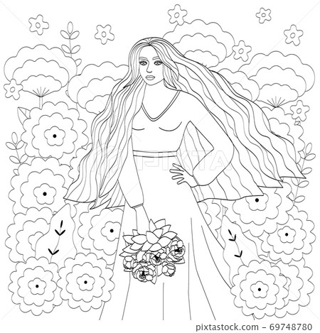 A girl with long hair, in a long dress and with a bouquet in her hands. The outline of a young woman and large flowers. A girl with long hair, in a long dress and with a bouquet in her hands. The outline of a young woman and large flowers. 69748780