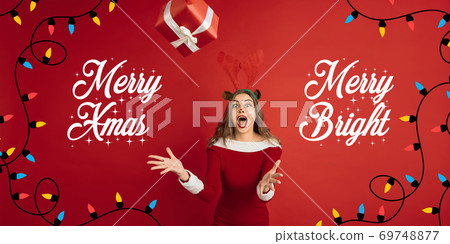 Greeting flyer for ad. Concept of Christmas, 2021 New Year's, winter mood, holidays. Copyspace, postcard. Greeting flyer for ad. Concept of Christmas, 2021 New Year's, winter mood, holidays. Copyspace, postcard. 69748877