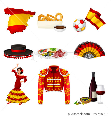 Spain Attributes with Woman Dancing Flamenco and Flag Vector Illustration Set 69748998