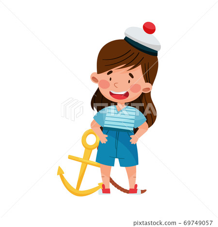 Cute Little Girl in Mariner Striped Vest and Peakless Hat Standing with Anchor Vector Illustration Cute Little Girl in Mariner Striped Vest and Peakless Hat Standing with Anchor Vector Illustration 69749057