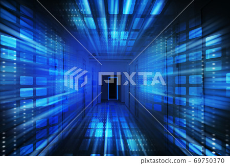 Abstract Virtual Database Server Room, Blue Background, Collage 69750370