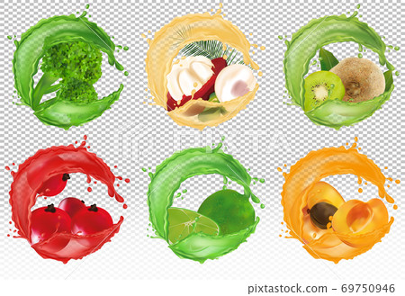 Splash of juice on sweet fruit. Fresh red currant berry, fruit mangosteen, kiwi, lime, apricot and broccoli 3D realistic fruit and vegetables on transparent background. Vector illustration Splash of juice on sweet fruit. Fresh red currant berry, fruit mangosteen, kiwi, lime, apricot and broccoli 3D realistic fruit and vegetables on transparent background. Vector illustration 69750946