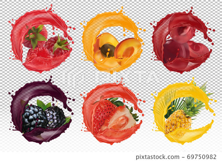Splash of juice on sweet fruit. Fruit raspberry, apricot, cherry, black raspberry, pineapple, strawberry. 3D realistic fruit on transparent background. Vector illustration 69750982