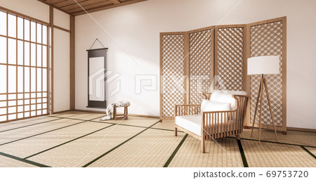 Wooden Arm chair and partition japanese on room tropical interior with tatami mat floor and white wall.3D rendering Wooden Arm chair and partition japanese on room tropical interior with tatami mat floor and white wall.3D rendering 69753720