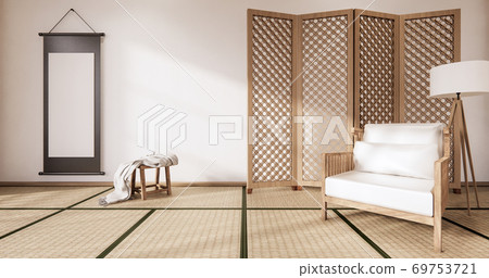 Wooden Arm chair and partition japanese on room tropical interior with tatami mat floor and white wall.3D rendering 69753721