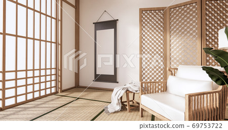 Wooden Arm chair and partition japanese on room tropical interior with tatami mat floor and white wall.3D rendering Wooden Arm chair and partition japanese on room tropical interior with tatami mat floor and white wall.3D rendering 69753722