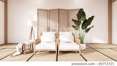 Wooden Arm chair and partition japanese on room tropical interior with tatami mat floor and white wall.3D rendering 69753725