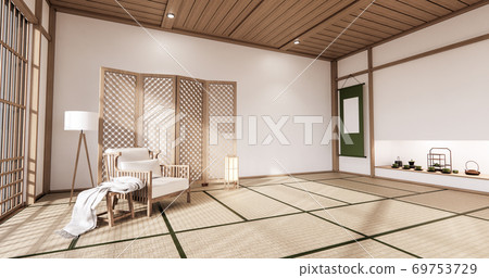 Wooden Arm chair and partition japanese on room tropical interior with tatami mat floor and white wall.3D rendering 69753729