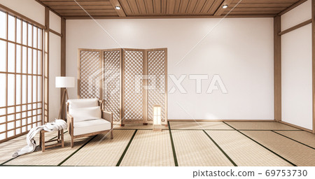 Wooden Arm chair and partition japanese on room tropical interior with tatami mat floor and white wall.3D rendering 69753730