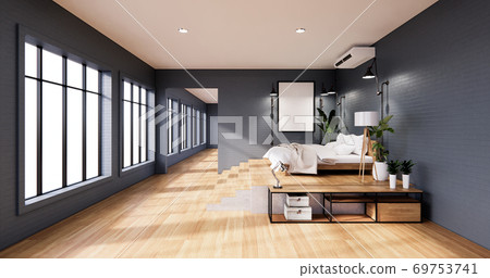 Bedroom interior loft style with frame on blue wall brick. 3D rendering Bedroom interior loft style with frame on blue wall brick. 3D rendering 69753741