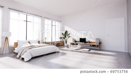 Bedroom interior loft style with Computer and office tool on desk. 3D rendering 69753756