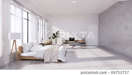 Bedroom interior loft style with Computer and office tool on desk. 3D rendering Bedroom interior loft style with Computer and office tool on desk. 3D rendering 69753757
