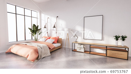 Bedroom interior loft style with frame on white wall brick. 3D rendering Bedroom interior loft style with frame on white wall brick. 3D rendering 69753767