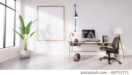The interior Computer and office tools on mini desk in white concrete floor and white brick wall design. 3D rendering 69753771