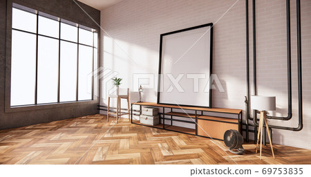 mock up frame on Tv cabinet in loft interior white brick wall room minimal designs, 3d rendering 69753835