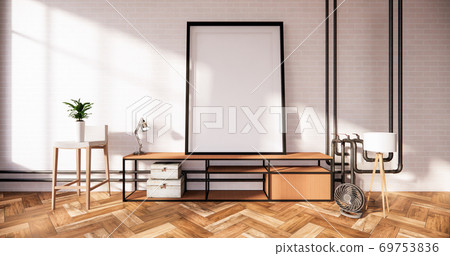mock up frame on Tv cabinet in loft interior white brick wall room minimal designs, 3d rendering 69753836