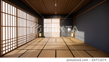 Dark blue color japan interior design,modern living room. 3d illustration, 3d rendering 69753874