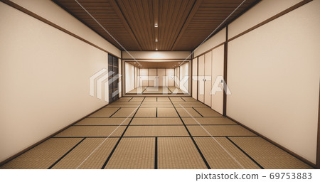 Empty house hall with tatami  floor 2 steps White room tropical style.3D rendering 69753883