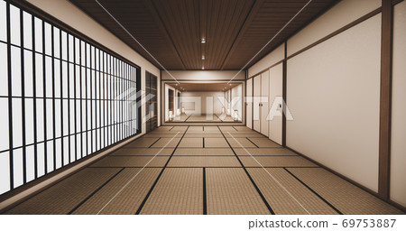 Empty house hall with tatami  floor 2 steps White room tropical style.3D rendering 69753887