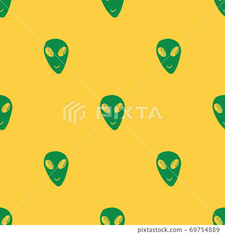 Ufo and aliens Seamless pattern. Cute Doodles space ships sketch. Hand drawn Cartoon Vector illustration 69754889
