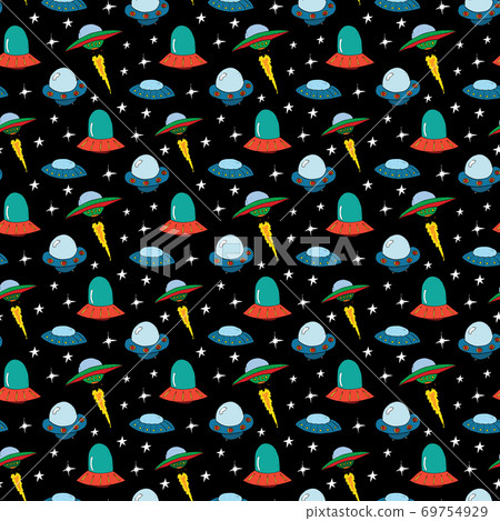 Ufo and aliens Seamless pattern. Cute Doodles space ships sketch. Hand drawn Cartoon Vector illustration 69754929