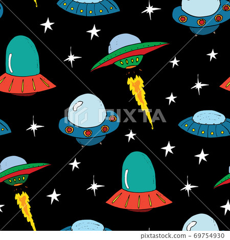 Ufo and aliens Seamless pattern. Cute Doodles space ships sketch. Hand drawn Cartoon Vector illustration Ufo and aliens Seamless pattern. Cute Doodles space ships sketch. Hand drawn Cartoon Vector illustration 69754930