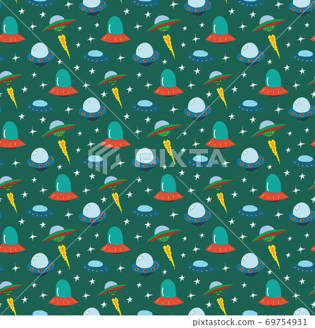 Ufo and aliens Seamless pattern. Cute Doodles space ships sketch. Hand drawn Cartoon Vector illustration Ufo and aliens Seamless pattern. Cute Doodles space ships sketch. Hand drawn Cartoon Vector illustration 69754931