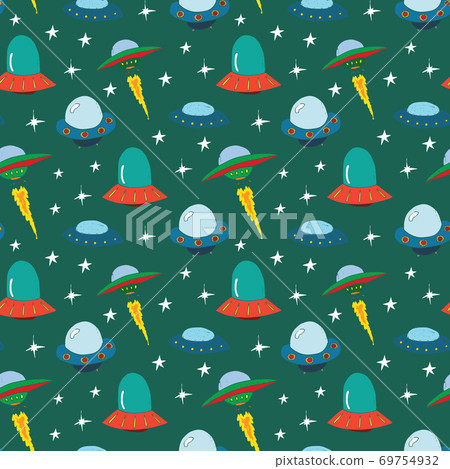 Ufo and aliens Seamless pattern. Cute Doodles space ships sketch. Hand drawn Cartoon Vector illustration Ufo and aliens Seamless pattern. Cute Doodles space ships sketch. Hand drawn Cartoon Vector illustration 69754932