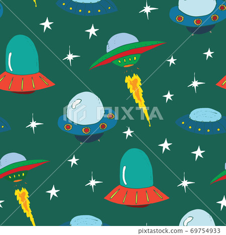 Ufo and aliens Seamless pattern. Cute Doodles space ships sketch. Hand drawn Cartoon Vector illustration Ufo and aliens Seamless pattern. Cute Doodles space ships sketch. Hand drawn Cartoon Vector illustration 69754933