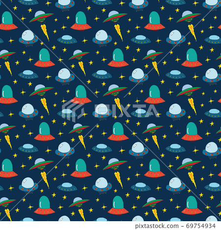 Ufo and aliens Seamless pattern. Cute Doodles space ships sketch. Hand drawn Cartoon Vector illustration Ufo and aliens Seamless pattern. Cute Doodles space ships sketch. Hand drawn Cartoon Vector illustration 69754934
