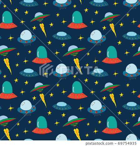 Ufo and aliens Seamless pattern. Cute Doodles space ships sketch. Hand drawn Cartoon Vector illustration Ufo and aliens Seamless pattern. Cute Doodles space ships sketch. Hand drawn Cartoon Vector illustration 69754935