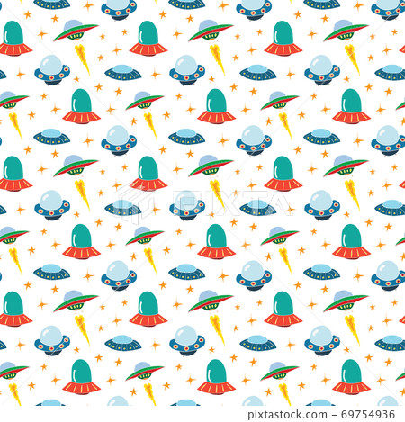 Ufo and aliens Seamless pattern. Cute Doodles space ships sketch. Hand drawn Cartoon Vector illustration Ufo and aliens Seamless pattern. Cute Doodles space ships sketch. Hand drawn Cartoon Vector illustration 69754936