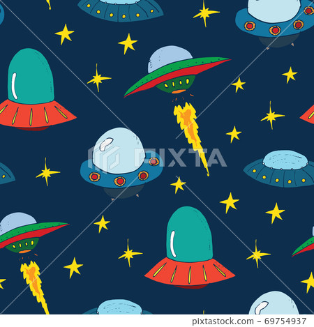 Ufo and aliens Seamless pattern. Cute Doodles space ships sketch. Hand drawn Cartoon Vector illustration Ufo and aliens Seamless pattern. Cute Doodles space ships sketch. Hand drawn Cartoon Vector illustration 69754937