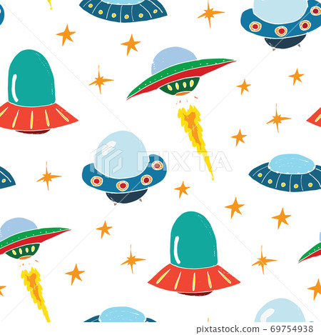 Ufo and aliens Seamless pattern. Cute Doodles space ships sketch. Hand drawn Cartoon Vector illustration Ufo and aliens Seamless pattern. Cute Doodles space ships sketch. Hand drawn Cartoon Vector illustration 69754938