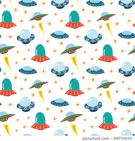 Ufo and aliens Seamless pattern. Cute Doodles space ships sketch. Hand drawn Cartoon Vector illustration Ufo and aliens Seamless pattern. Cute Doodles space ships sketch. Hand drawn Cartoon Vector illustration 69754939