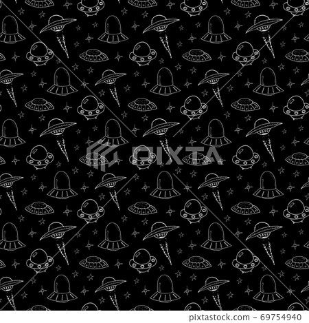 Ufo and aliens Seamless pattern. Cute Doodles space ships sketch. Hand drawn Cartoon Vector illustration Ufo and aliens Seamless pattern. Cute Doodles space ships sketch. Hand drawn Cartoon Vector illustration 69754940