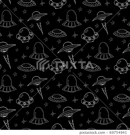 Ufo and aliens Seamless pattern. Cute Doodles space ships sketch. Hand drawn Cartoon Vector illustration Ufo and aliens Seamless pattern. Cute Doodles space ships sketch. Hand drawn Cartoon Vector illustration 69754941