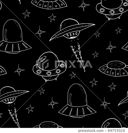 Ufo and aliens Seamless pattern. Cute Doodles space ships sketch. Hand drawn Cartoon Vector illustration Ufo and aliens Seamless pattern. Cute Doodles space ships sketch. Hand drawn Cartoon Vector illustration 69755028