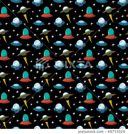 Ufo and aliens Seamless pattern. Cute Doodles space ships sketch. Hand drawn Cartoon Vector illustration Ufo and aliens Seamless pattern. Cute Doodles space ships sketch. Hand drawn Cartoon Vector illustration 69755029
