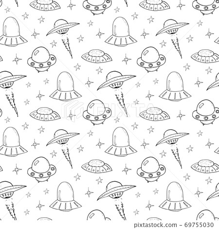 Ufo and aliens Seamless pattern. Cute Doodles space ships sketch. Hand drawn Cartoon Vector illustration Ufo and aliens Seamless pattern. Cute Doodles space ships sketch. Hand drawn Cartoon Vector illustration 69755030