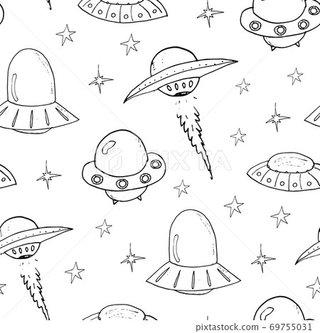 Ufo and aliens Seamless pattern. Cute Doodles space ships sketch. Hand drawn Cartoon Vector illustration Ufo and aliens Seamless pattern. Cute Doodles space ships sketch. Hand drawn Cartoon Vector illustration 69755031