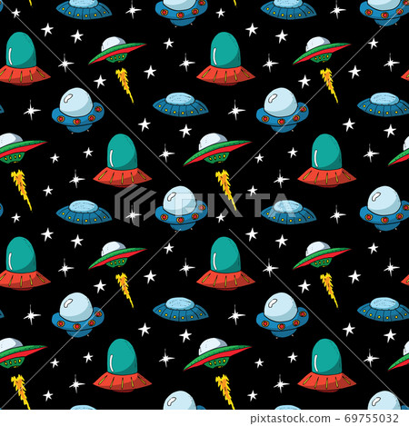 Ufo and aliens Seamless pattern. Cute Doodles space ships sketch. Hand drawn Cartoon Vector illustration Ufo and aliens Seamless pattern. Cute Doodles space ships sketch. Hand drawn Cartoon Vector illustration 69755032