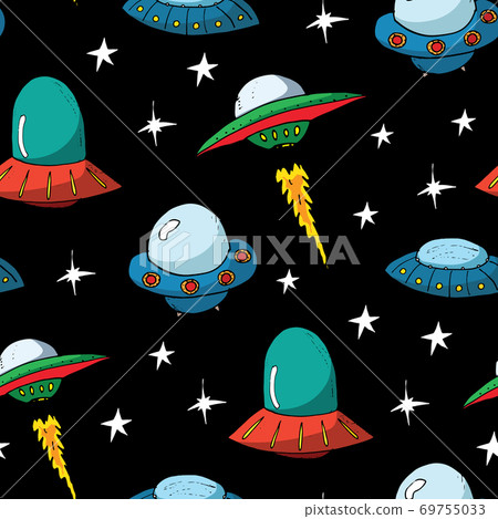 Ufo and aliens Seamless pattern. Cute Doodles space ships sketch. Hand drawn Cartoon Vector illustration Ufo and aliens Seamless pattern. Cute Doodles space ships sketch. Hand drawn Cartoon Vector illustration 69755033